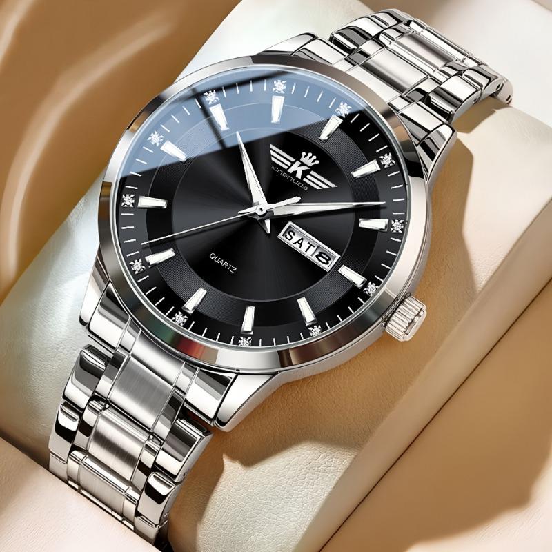 Top Brand New Men's Steel Band Waterproof Quartz Double Calendar Watch Luminous Scale Cross-Business Wristwatch