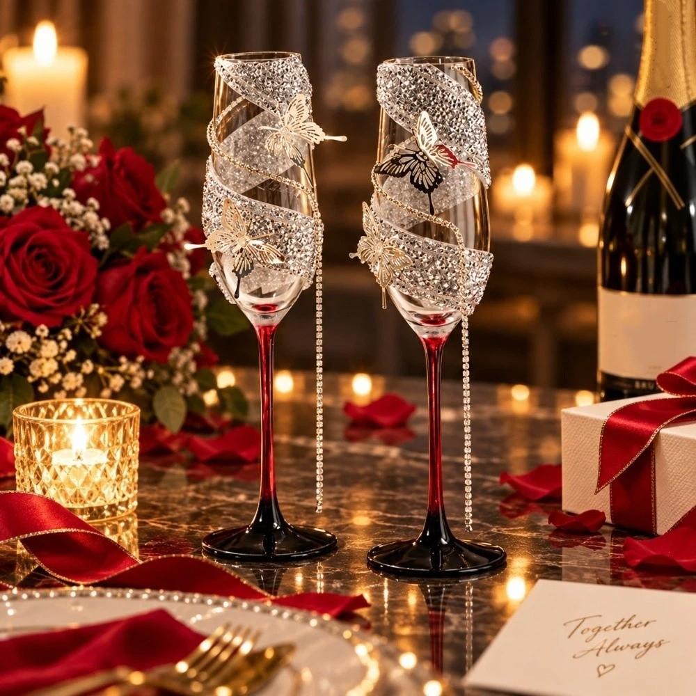 Butterfly Rhinestone Wine Glass Zircon Tassel Tall Glass New Year Crystal Glass Goblet  Party