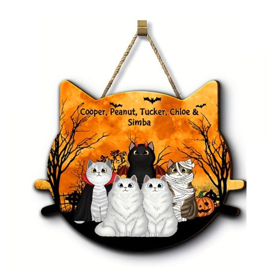Yousheng Halloween Hanging Door Sign, Cute Cat Hanging Sign, Wooden Front Door Hanger with Hemp Rope for Porch Wall Indoor Home