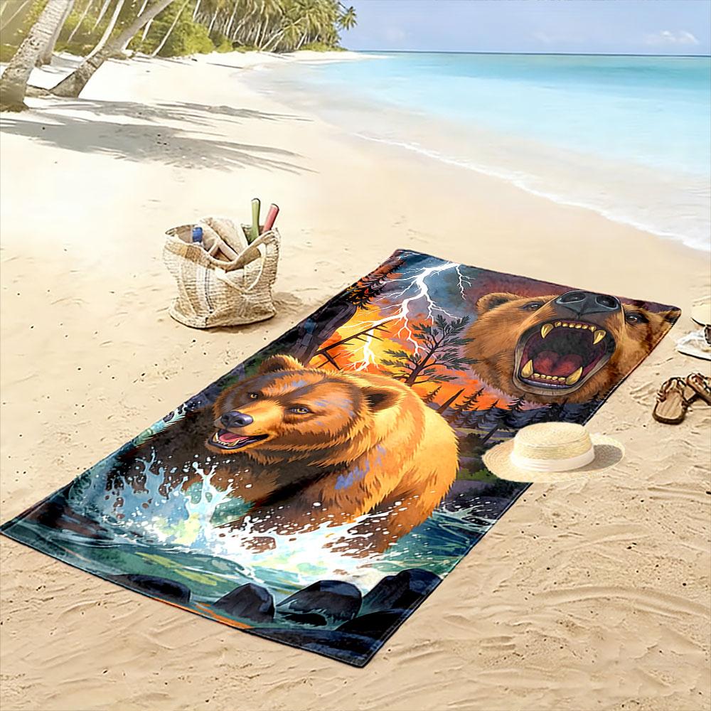 Fierce Roaring Bear Backdrop Print Beach Towel, Quick Drying, Suitable for Travel, Outdoor Sports, Jogging, the Beach and Swimming, Gift