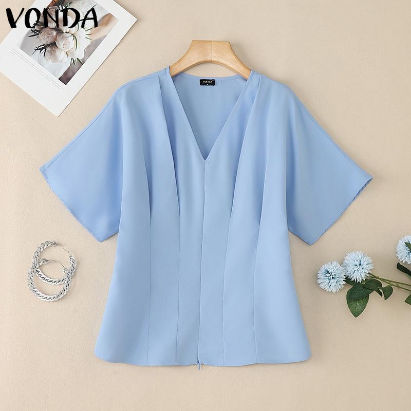 

VONDA Women Girls V Collar Short Sleeve Ruffled Slim Waist Casual Blouse 3XL синій