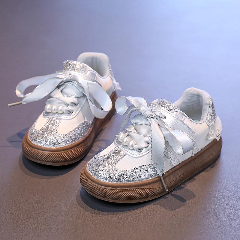 

Kids Sports Shoes Princess Style Non-slip Girls Fashion Shoes Lace Sweet 2025 New Fashion Children Casual Shoes Soft Sole Shiny 26 срібний