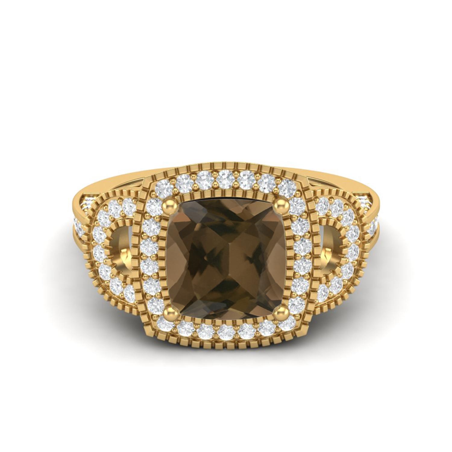 4.06 Ctw Cushion Smoky Quartz 925 Sterling Silver Gold Vemreil Solitaire Halo Women Wedding Ring 5