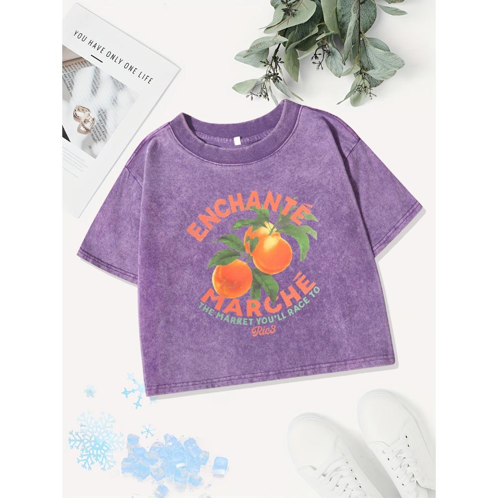 Casual Cotton Crop Tops Women Mature Oranges Printing Washed T-Shirts Street O-Neck Regular Fit Streetwear Clothes
