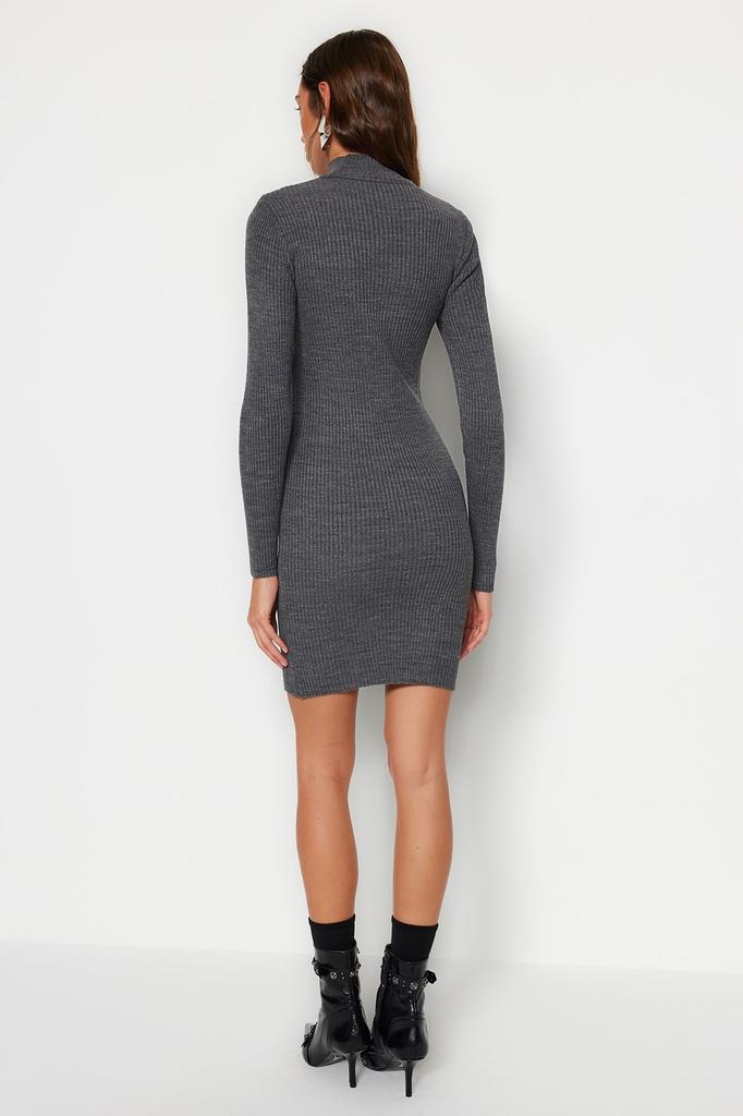 Women's Dress New Season Fashion Anthracite Mini Knitwear Dress with Accessory Detail