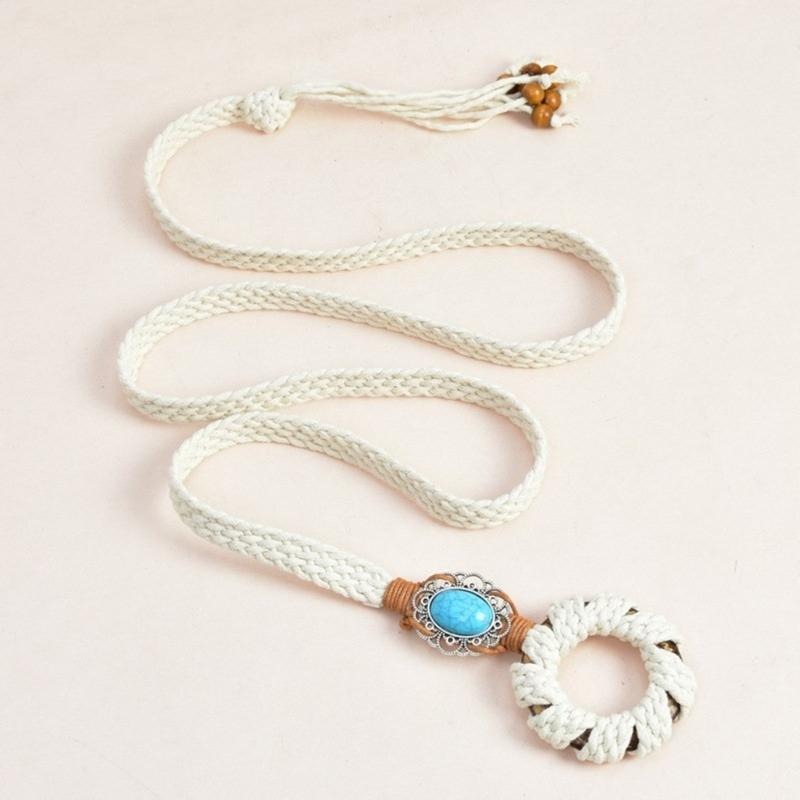 Self Tie Waist Belt for Women Ethnic Style Braided Dress Belt with Fringes&Beads