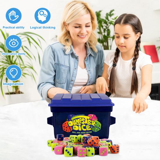 Dumpster Dice Board Game 4-Player Interactive Fast-Paced Family Dice Game Travel Parties Game Night Dice Game with Dumpster 80 Dice Graffiti Stickers