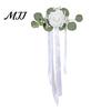 Wedding Photo Prop Decor Car Door Handle Flower with Ribbon Tie And Green Leaves, White Artificial All In One Decoration Rose Rearview Mirror Bouquet