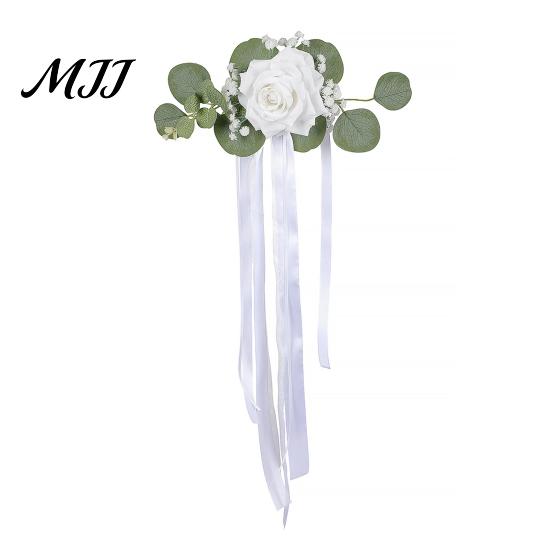 Wedding Photo Prop Decor Car Door Handle Flower with Ribbon Tie And Green Leaves, White Artificial All In One Decoration Rose Rearview Mirror Bouquet