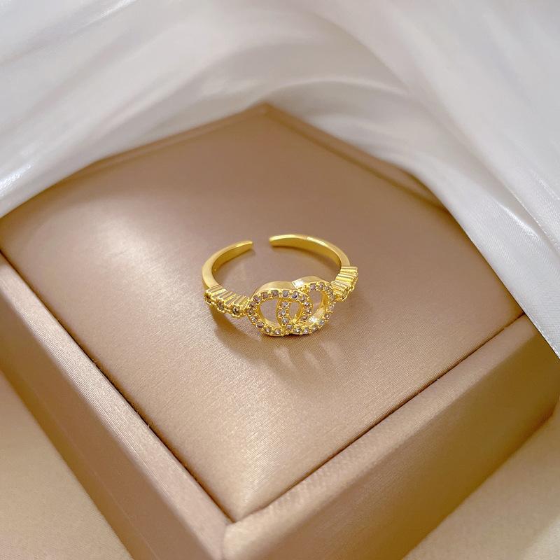 Real Gold Electroplated Open Double Ring Small Fragrance Fashion Slightly Inlaid Light Luxury Ring Index Finger Ring Same Cold Wind