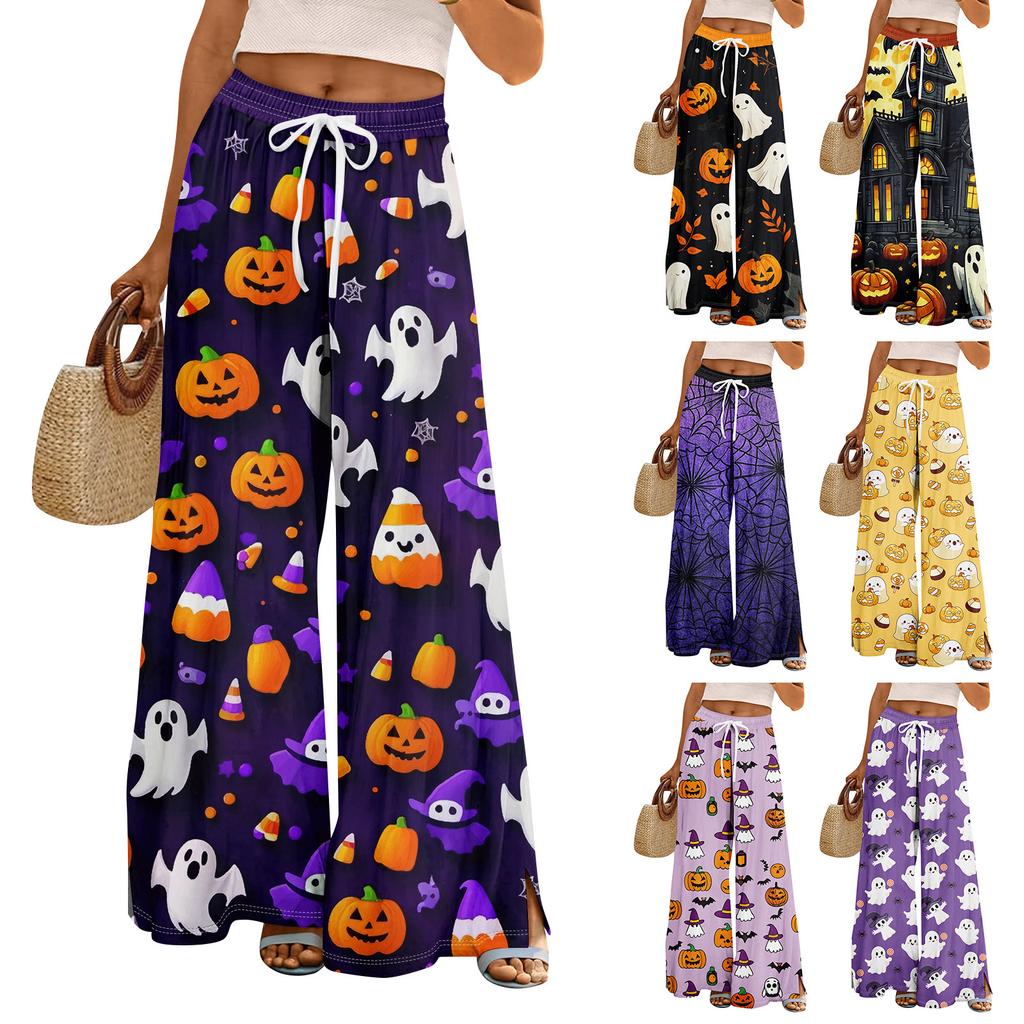 Women Summer Boho Palazzo Pants High Waist Wide Leg Halloween Printing Casual Trousers With Pockets