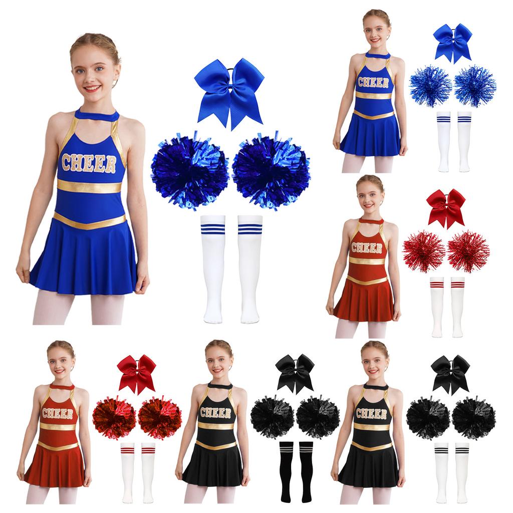 Kinder Mädchen Cheerleading Outfits Brief Drucken Patchwork Ärmelloses Tanzkleid Schleife Kopfbedeckung Hand Blumen Gestreifte Röhrensocken