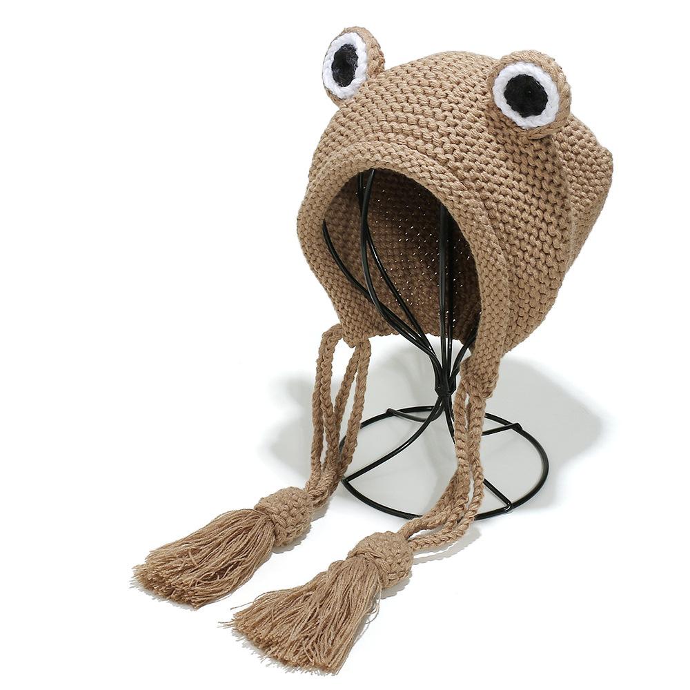 Korean Version of Cute Frog Hat Outdoor Windproof Ear Protection Wool Hat Student Warm Lace-up Knitted Hat Bag Head Hat