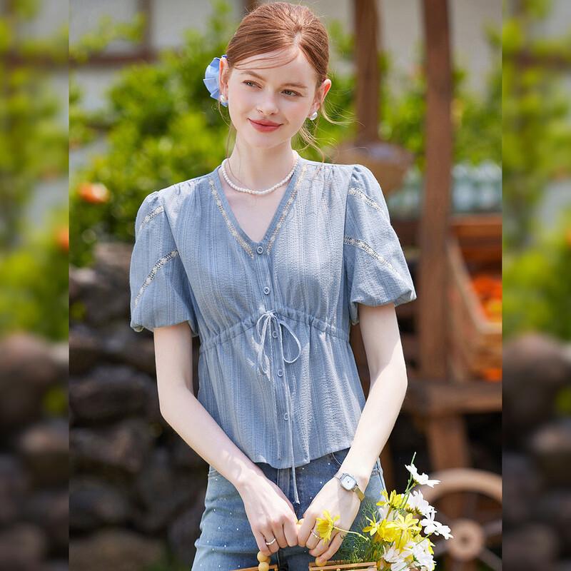 Bailuyu Women s V-Neck Drawstring Puff Sleeve Shirt XL