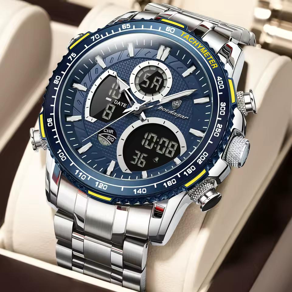 POEDAGAR Top LED Man Clock Waterproof Electronic Luxury Men's Watches Dual Time Display Digital Stainless Steel Quartz Watch