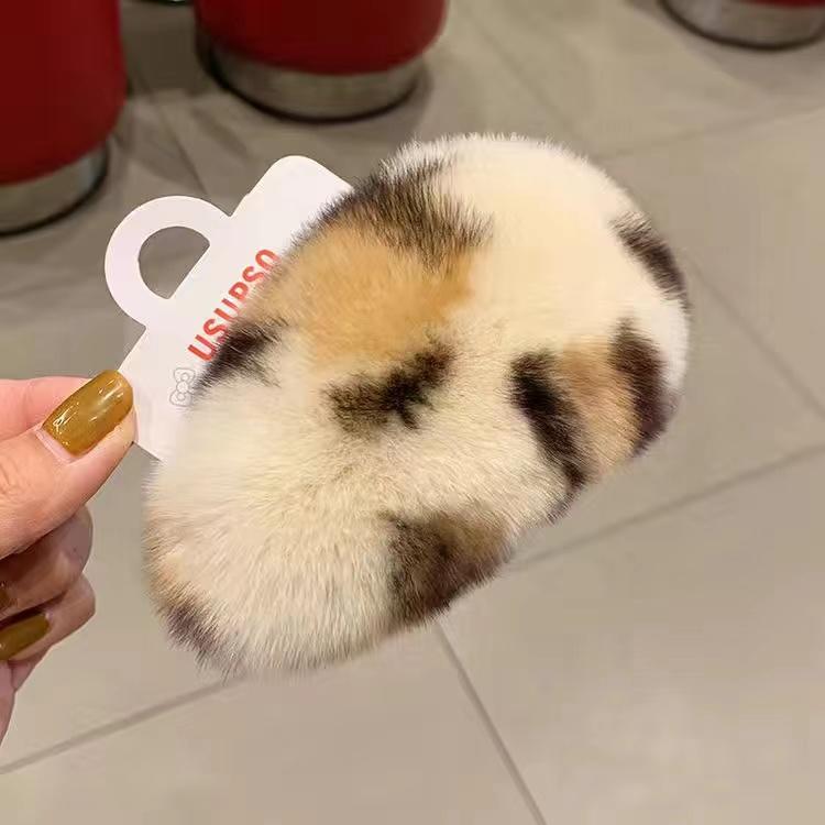 

Плюшевая заколка для девочек из натурального кроличьего меха, женская заколка с челкой чёрный/бежевый