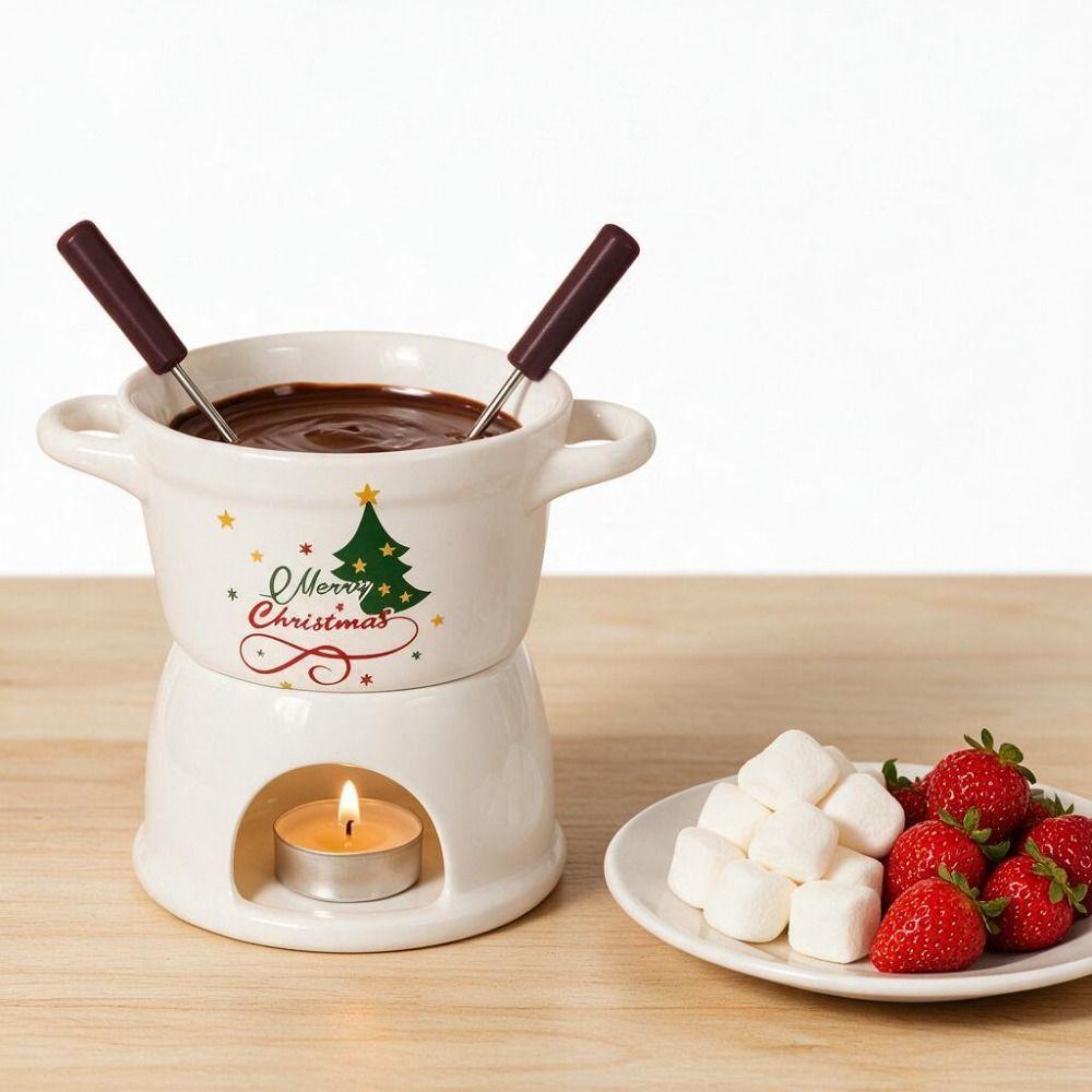 Ceramic Christmas Chocolate Fondue Cup Double Handle Butter Warmer Pot Dinning Table