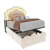 Upholstered Bed 90*200, Hydraulic Storage, LED Lighting, Headboard Storage Compartments, Floral Design, Velvet Cover, Integrated Sockets, Beige