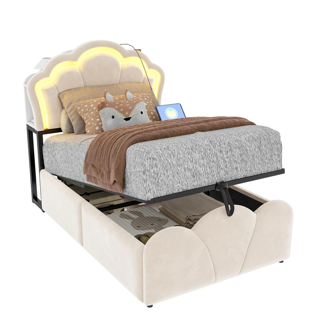Upholstered Bed 90*200, Hydraulic Storage, LED Lighting, Headboard Storage Compartments, Floral Design, Velvet Cover, Integrated Sockets, Beige