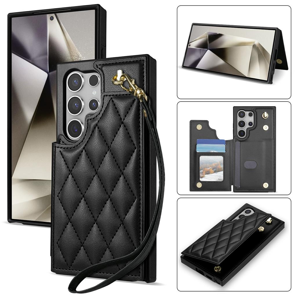 For Samsung Galaxy S24 Ultra Case with Wrist Strap Card Slots Rhombus Leather+TPU Phone Cover