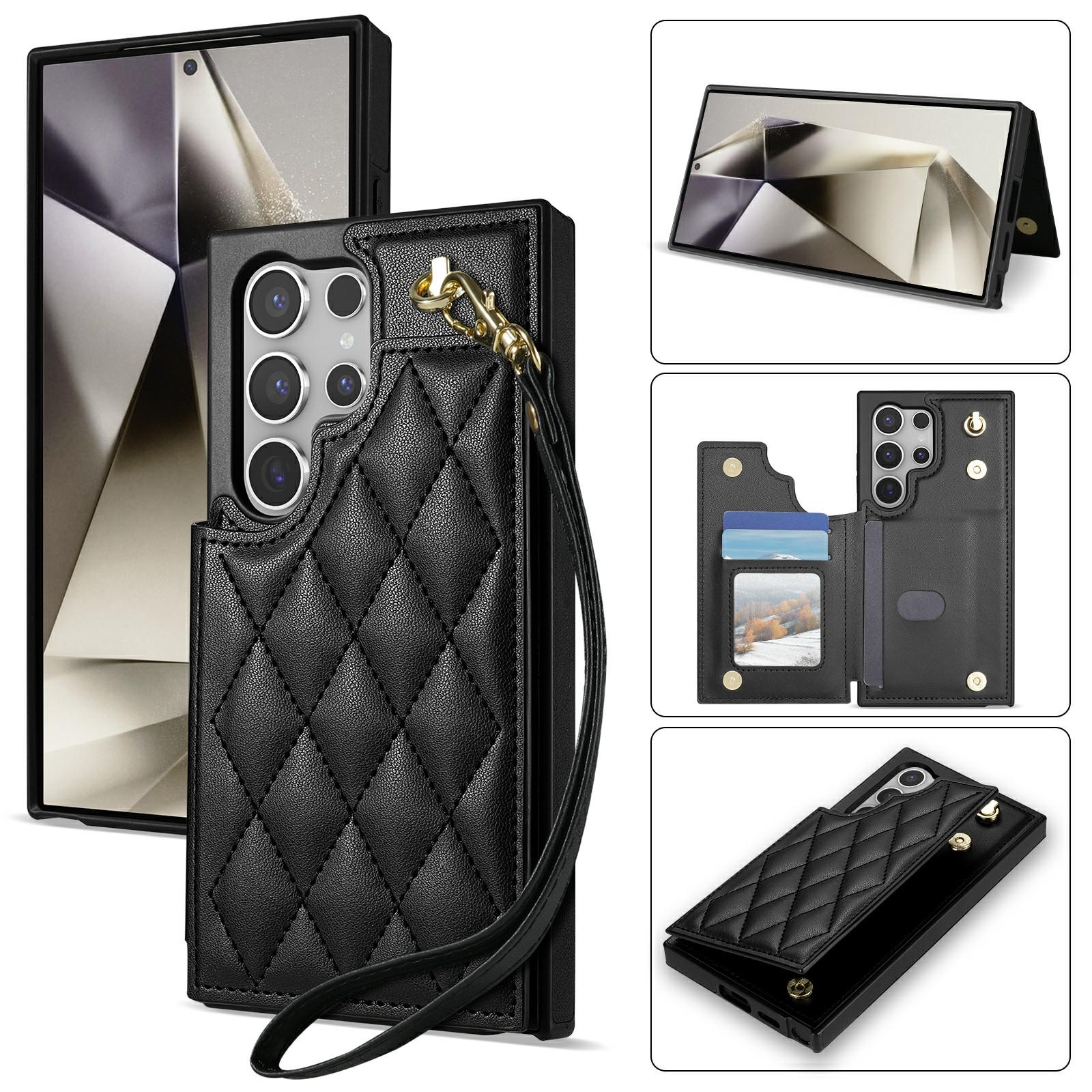 

For Samsung Galaxy S25 Ultra Case with Wrist Strap Card Slots Rhombus Leather+TPU Phone Cover Black
