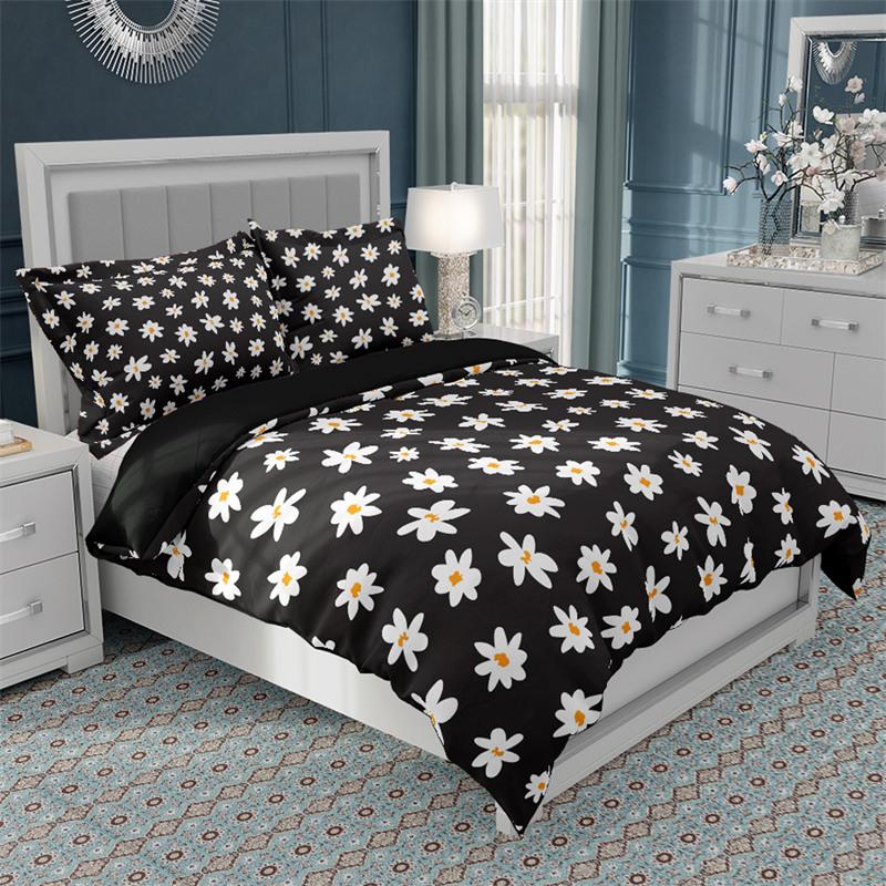 Floral Duvet Cover Microfiber 2/3Pcs Queen Daisy Bedding Set Leaves Plant Print Soft Breathable Quilt Cover With Zipper Closure