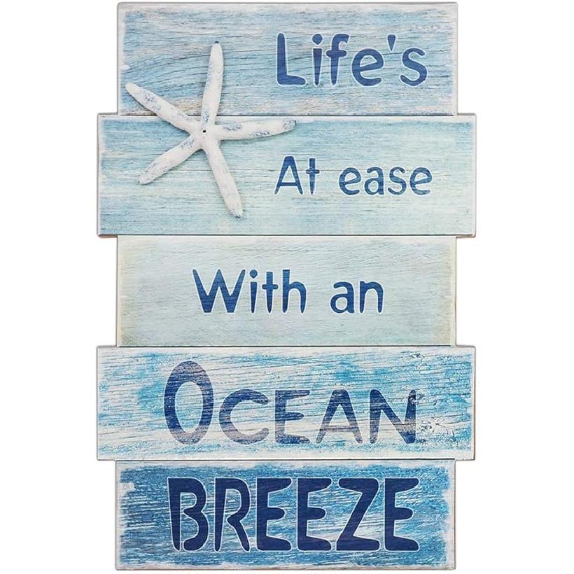 Starfish Beach Sign for Home Decor,Vintage Beach Theme Bathroom Wall Decor Wall Art Plaque with Quote Sayings - Life s at Ease with an Ocean Breeze Blue-1