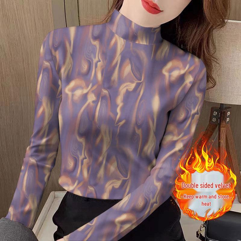

Women s Autumn/Winter Warm Base Layer Shirt: Half-High Neck, Long Sleeve, Stylish Printed Top for Middle-Aged & Elderly 2XL