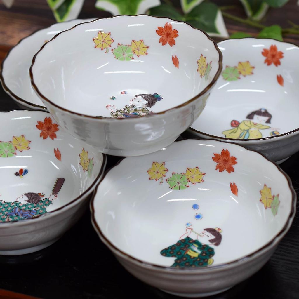 Waza no Kura Stylish Kutani Ware Small Set of Warabe Japanese Japanese Side Made in Wedding Return or Celebration Gift Bowls, 5, Pattern, Ceramic,