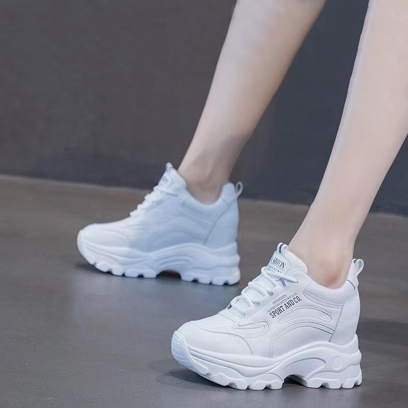 New Little White Shoes Women's Lace-up Slope Heel Inner Height Increase Versatile Sports and Leisure Dad Shoes Women