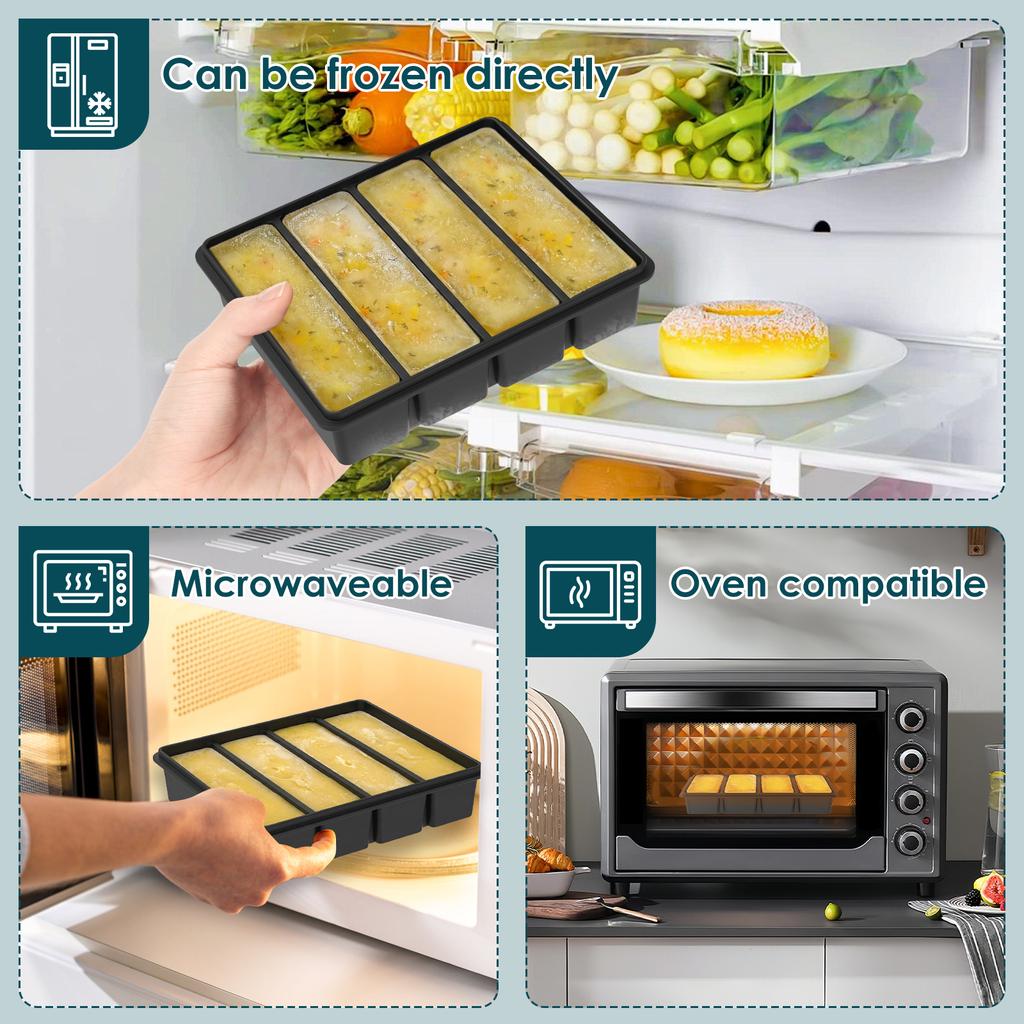 4Pcs Silicone Freezer Trays Ice Cube Molds 4 Long Slot and 15 Small Grid Soup Freezer Container Mold for Bar and Kitchen Gadgets