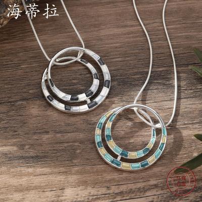 Nouveau pendentif anneau creux géométrique peinture à l'huile couleur, collier bague haut de gamme simple personnalité pour femmes