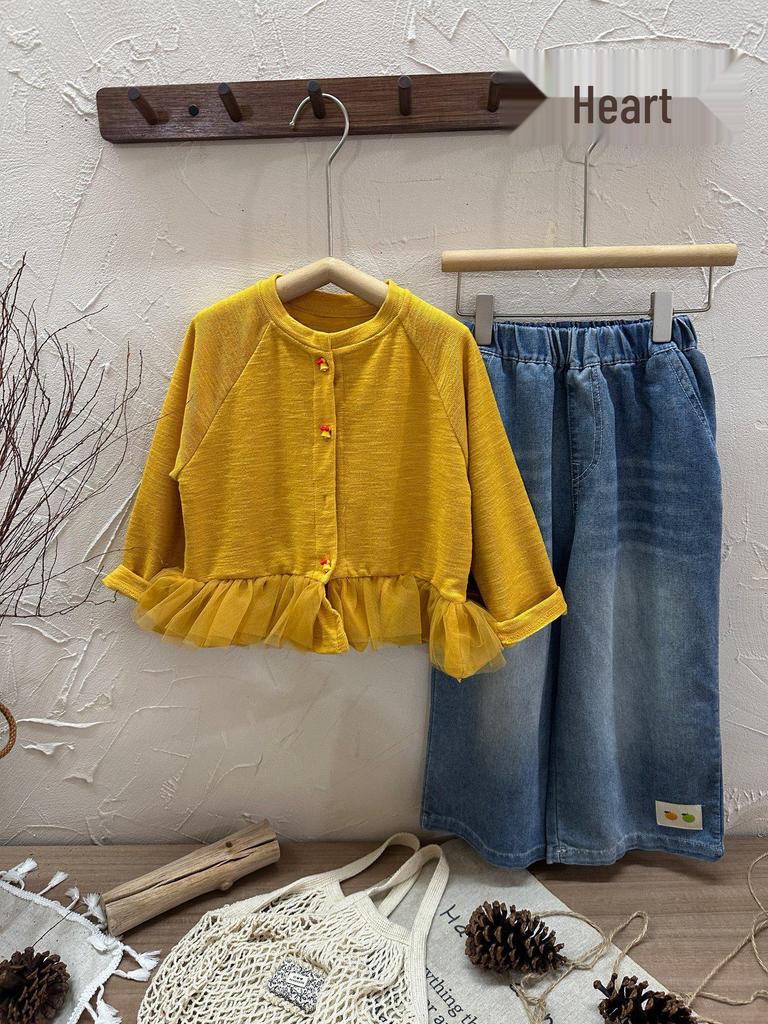 Girls' Two-Piece Korean Cardigan & Jeans Set