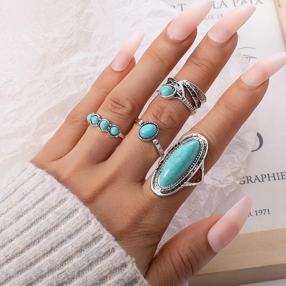 4pcs Set Retro Bohemia Ancient Silver Geometric Ellipse Turquoise Feather Rings for Women Finger Fashion Jewelry Sets Accessory