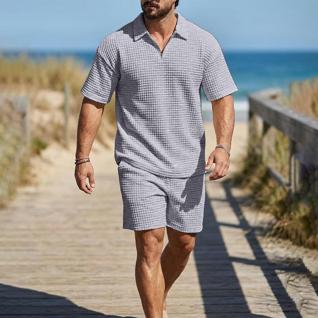 Men's Casual Retro Waffle Knit Short Sleeve Zip Collar Shirt with Drawstring Waist Shorts Set Lightweight Breathable Fabric Summer Outfit