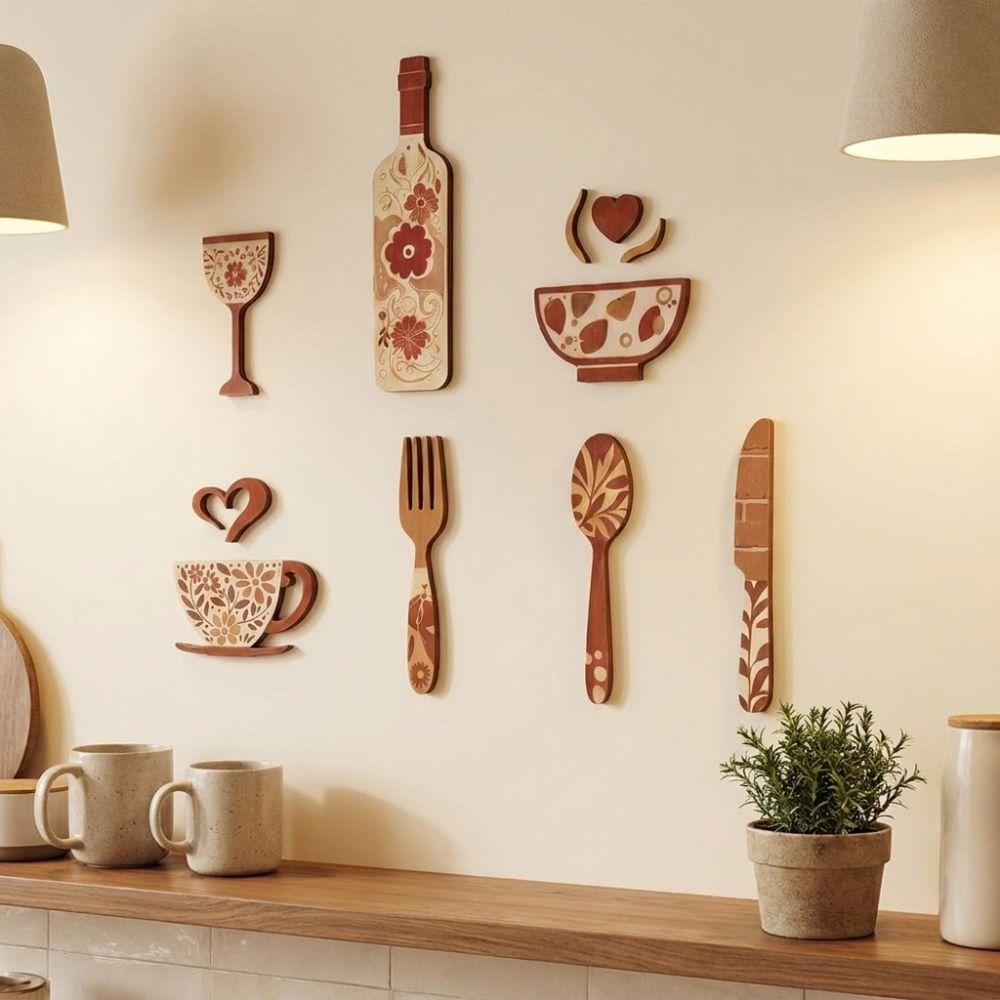 Vintage Wood Floral Kitchen Utensil Pendant Coffee Cup Wine Bottle Creative Hanging Art Bar