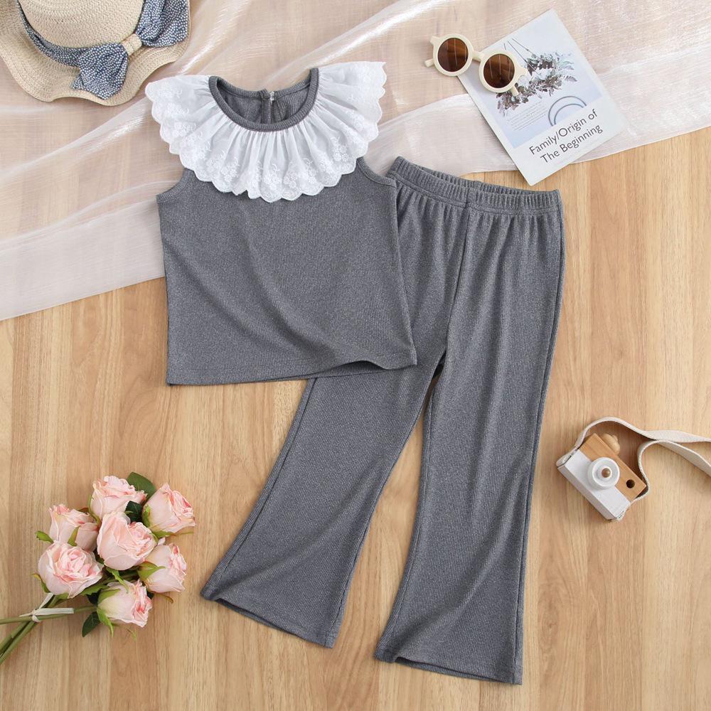 Girls  Korean Doll Collar Sleeveless Top & Lace Long Pants - Summer 2025 Collection 4 Years серый