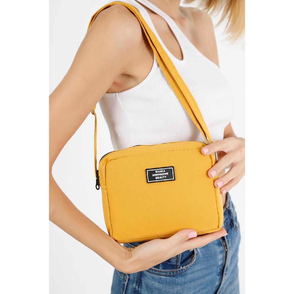 Black U35 Canvas Fabric Women's Shoulder Bag With Single Zipper Compartment And Adjustable Strap U:14 E:20