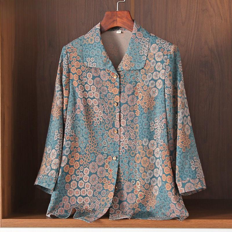 

Осенняя рубашка с цветочным принтом для женщин, блузка с лацканами и длинным рукавом, топ для женщин среднего возраста, весенний топ 5XL