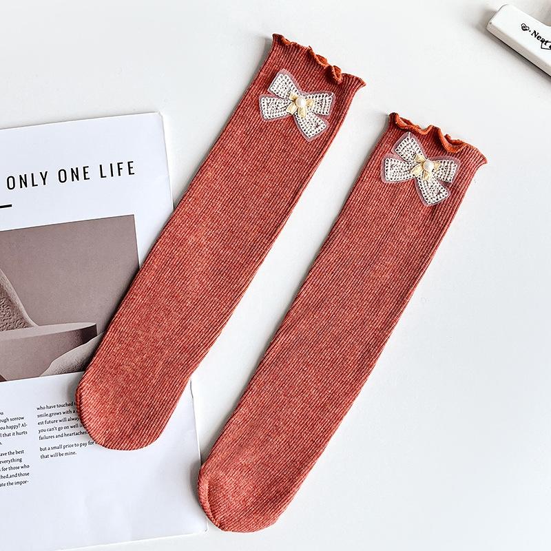 Children's Socks Girls' Solid Medium Long Socks Baby Cotton Comfortable Knee-high Socks With Bows And Lace Trim