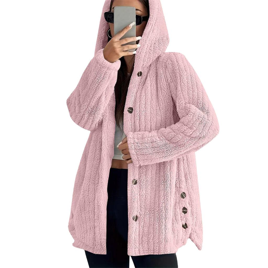 Women's Fashionable Coat Solid Color Long Sleeved Hooded Button Plush Warm Jacket