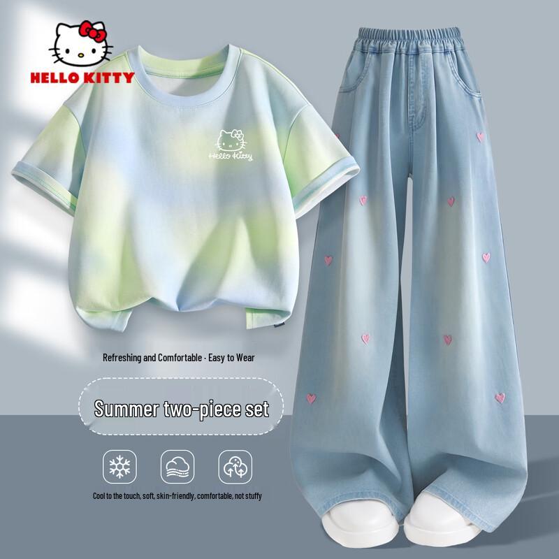 Hello Kitty Girls  Summer Short Sleeve Top & Wide-Leg Jeans Set 120