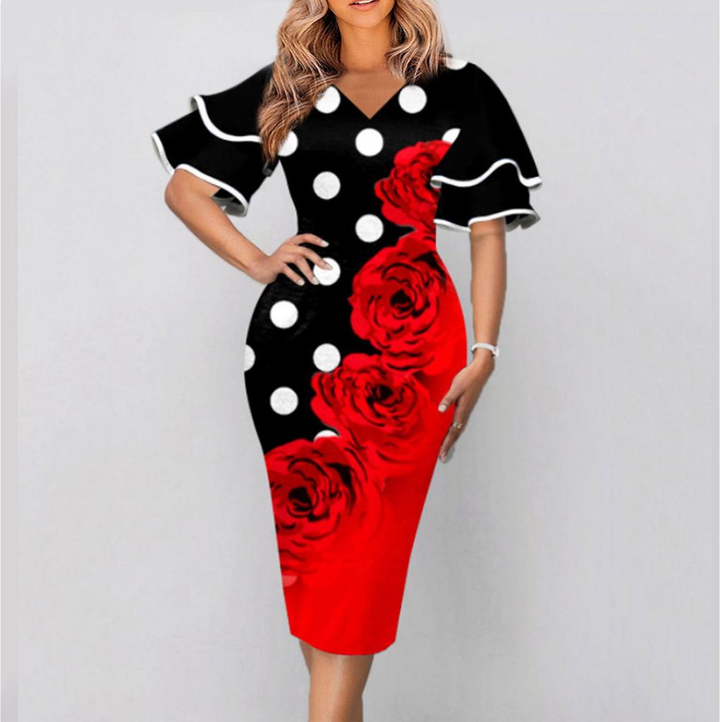 Women's Fashion Casual V-neck Flared Sleeves Large Size Printed Waist Slimming Short-sleeved Dress