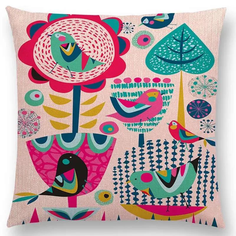 Cartoon Sofa Überwurf Kissenbezug Bunte Tiere Vogel Katze Reh Pfau Eule Blumen Lied Kissenbezug