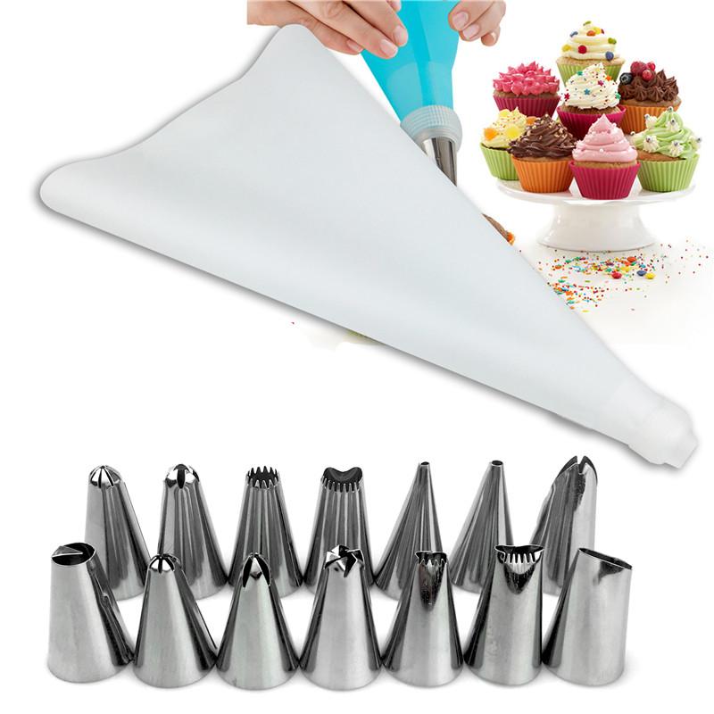16 PCS/Set Silicone Kitchen Accessories Icing Piping Cream Pastry Bag +14 Stainless Steel Nozzle Set DIY Cake Decorating Tips