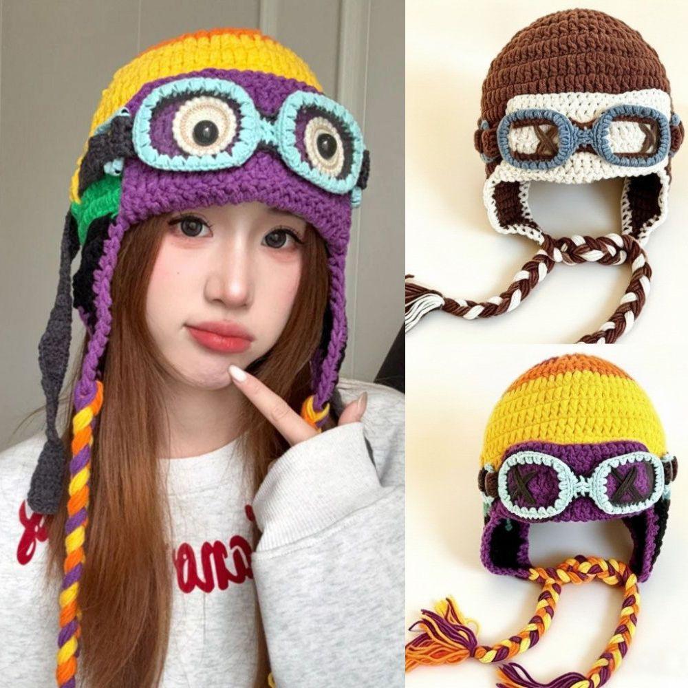 Windproof Knitted Beanie Crocheted Earflap Cap Casual Winter Pilot Hat With Goggles  Cycling