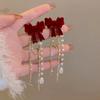 New Wine Red Velvet Rose Pearl Earrings for Women Vintage Red Rose Elegant High-end Studs Earrings Jewelry Accessories