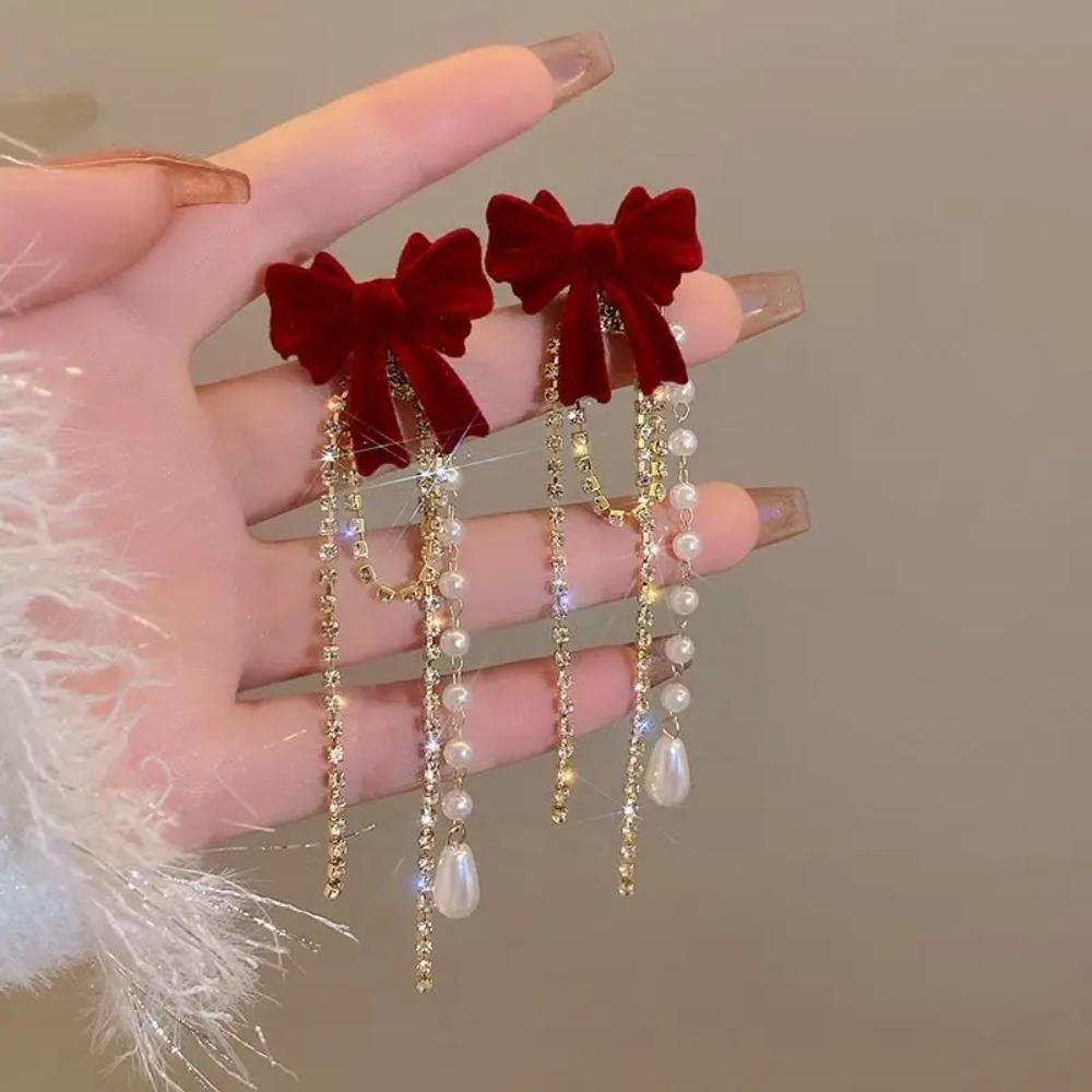 New Wine Red Velvet Rose Pearl Earrings for Women Vintage Red Rose Elegant High-end Studs Earrings Jewelry Accessories