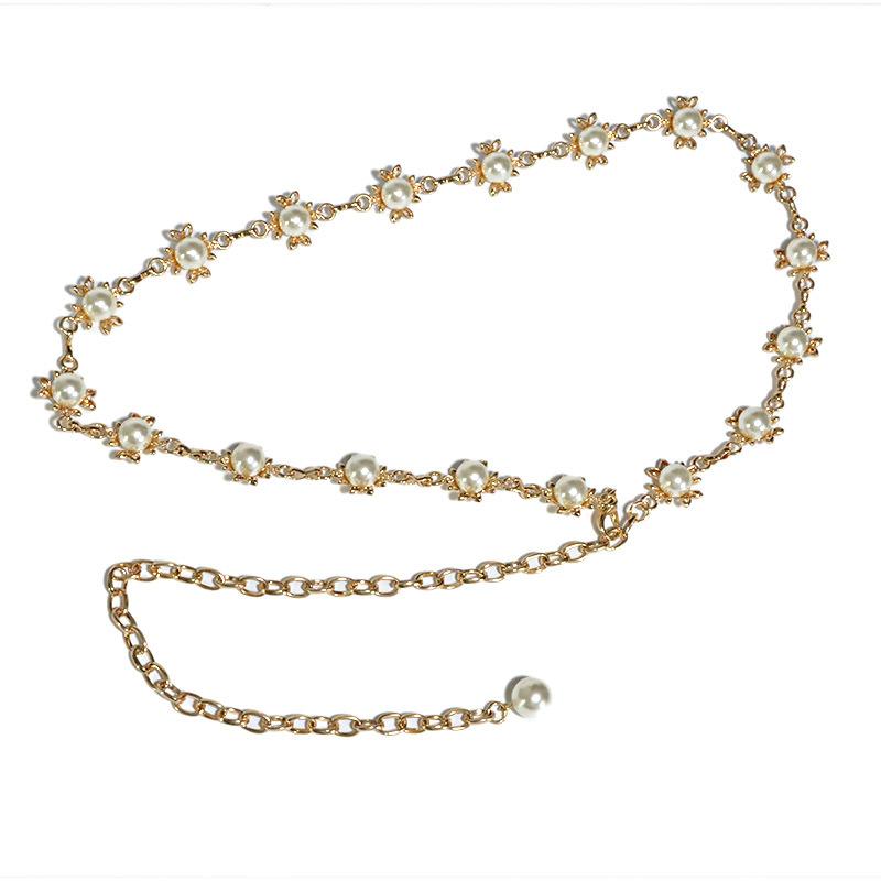 

Women s new metal waist chain - cross-border fashion pearl inlaid belly dance chain belt 105cm золотой