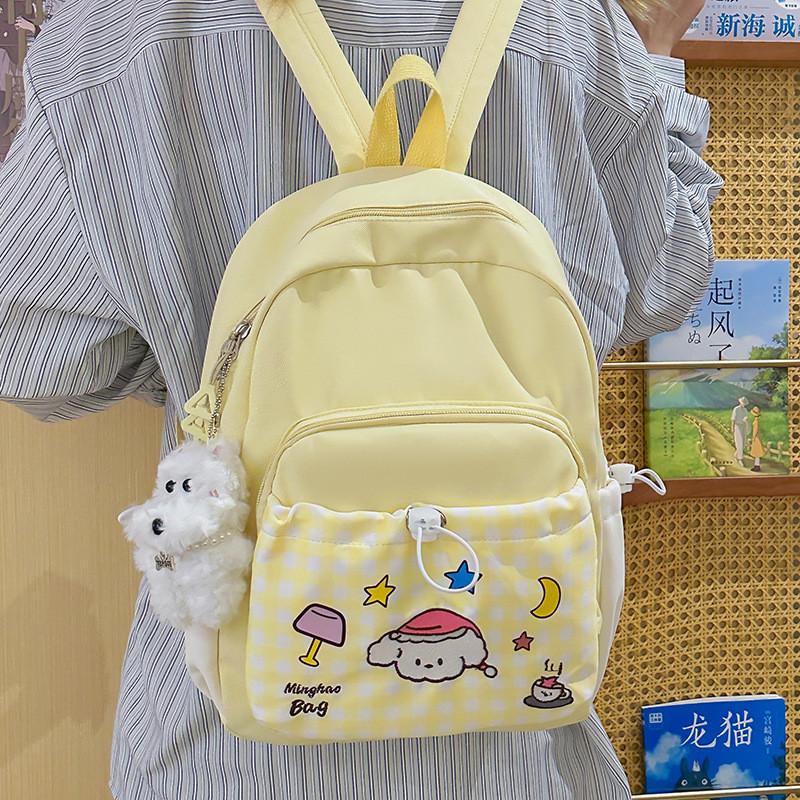 Casual Student Backpack With Dog Star Moon Desk Lamp Checkered Pattern For Girls Travel And School